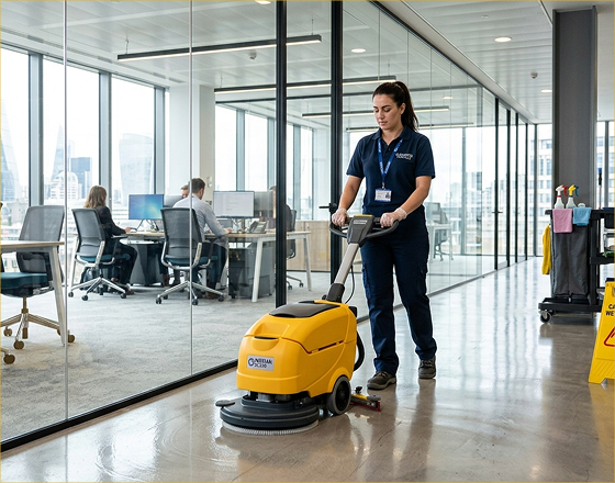 A female commercial cleaning professional wearing a dark blue uniform operates a yellow floor scrubber machine on a polished concrete hallway in a modern office building with glass-walled workspaces.