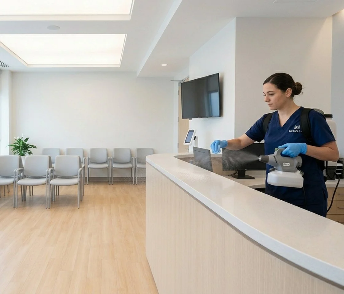 A female healthcare worker in blue scrubs and gloves at a reception desk in a waiting room, with chairs and a plant in the background.