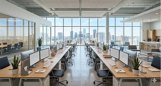 An immaculate, spotlessly clean corporate office with polished floors, perfectly organized rows of open-plan desks, and sparkling floor-to-ceiling windows overlooking a city skyline.