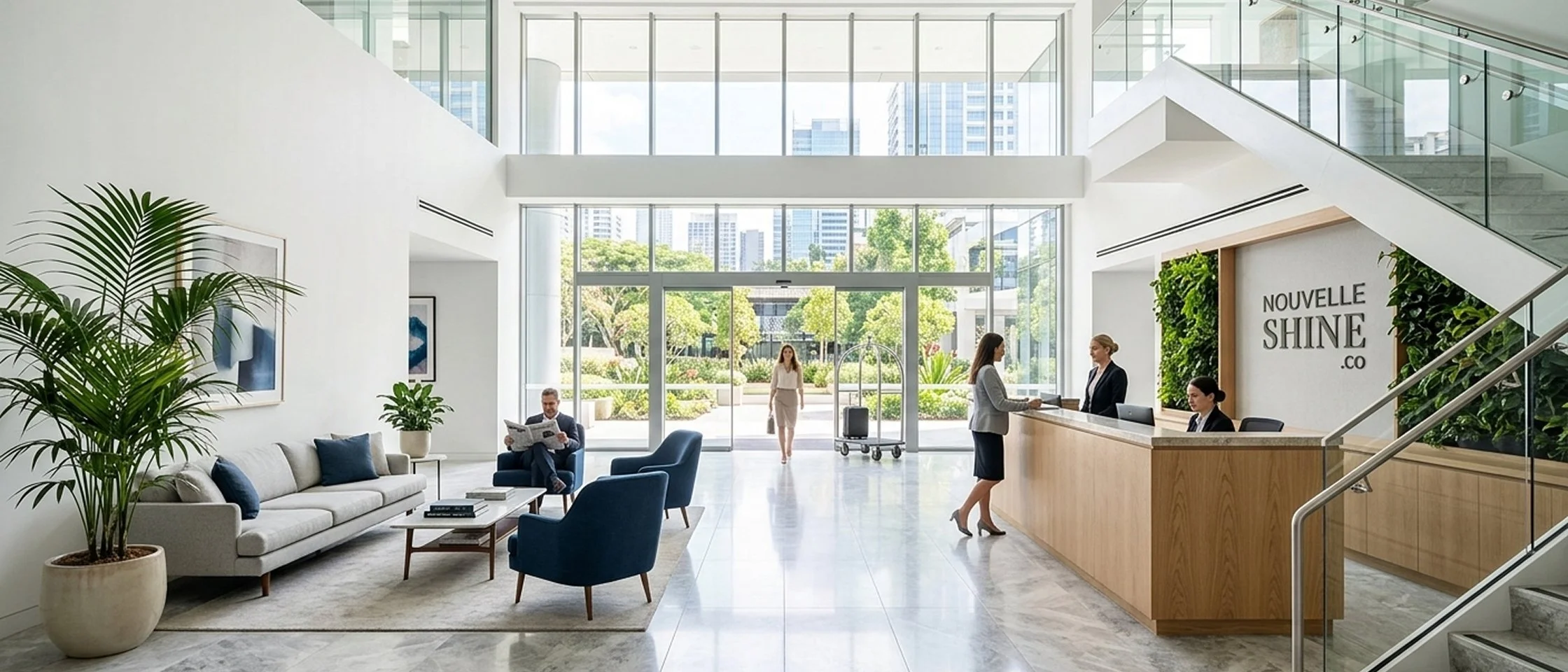Modern office lobby with large glass windows, seating area with white sofa and blue chairs, plants, and a reception desk with staff. People are walking and talking inside.
