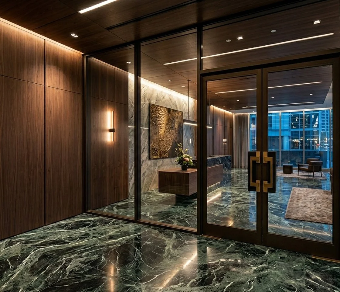 Modern hotel or office lobby with wooden and marble wall panels, dark green marble floors, and glass doors leading to a sitting area with chairs and a large window.