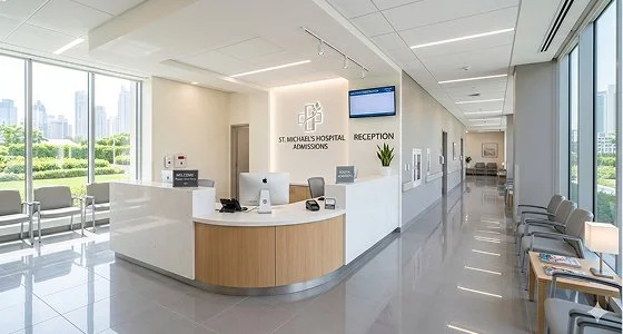 A sterile and spotlessly clean hospital reception and admissions lobby, featuring highly polished, reflective tile floors, pristine white countertops, and a completely dust-free waiting area.