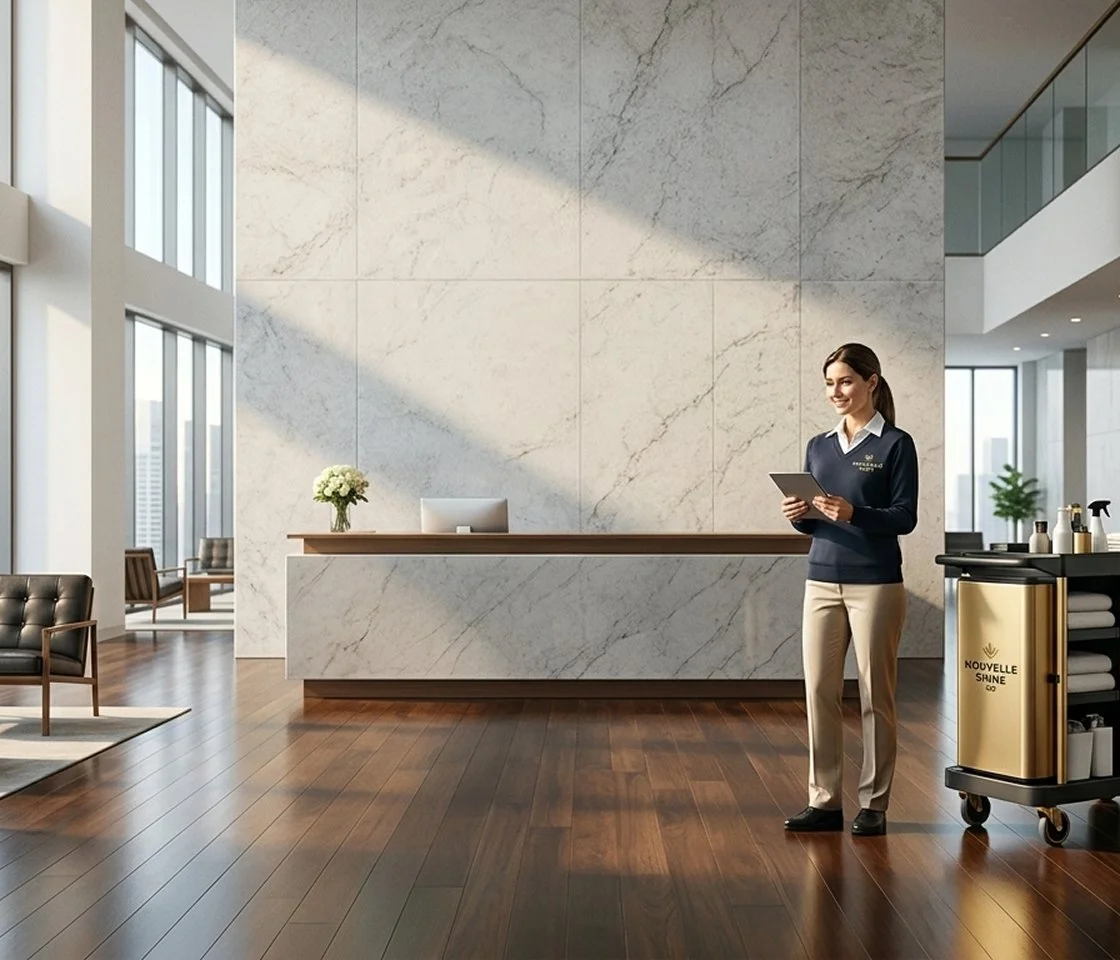 The multi-story public space features clean glass balustrades, dust-free structures, and a yellow janitorial cleaning bucket visible on the left.
