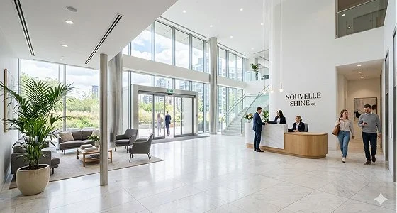An immaculate, premium commercial building lobby branded for Nouvelle Shine .co, showcasing spotlessly clean marble floors, gleaming chrome pillars, sparkling multi-story glass windows, and a pristine, dust-free reception and seating area.