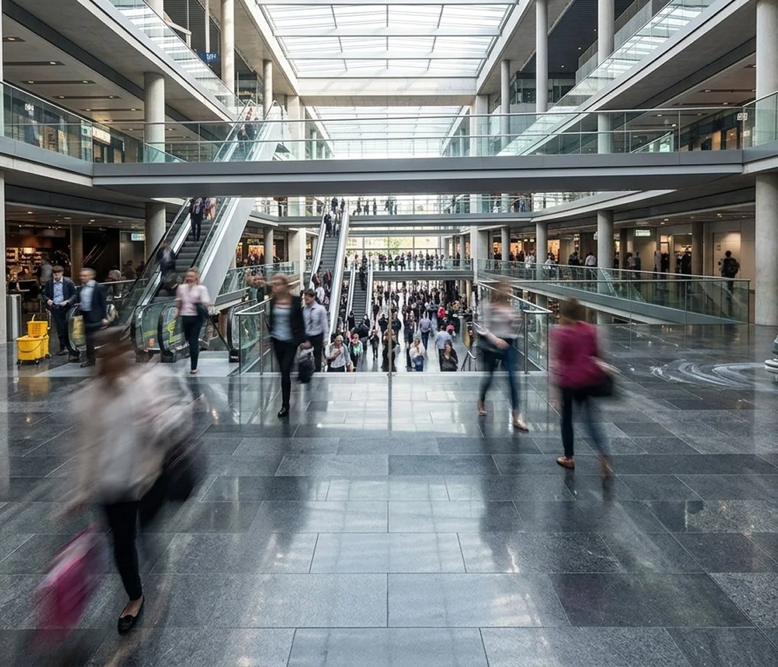 Interior of a busy modern shopping mall with multiple levels, glass railings, escalators, and people walking around.