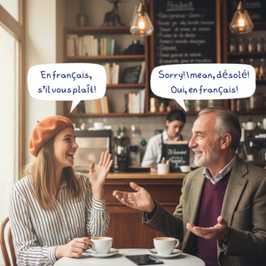 Woman in a beret and man in a cafe, using speech bubbles to speak French. Barista in background. Warm, cheerful atmosphere.