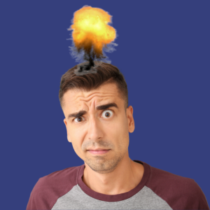 A man with a confused expression has an animated explosion above his head. Background is solid blue, and he wears a maroon and gray shirt.
