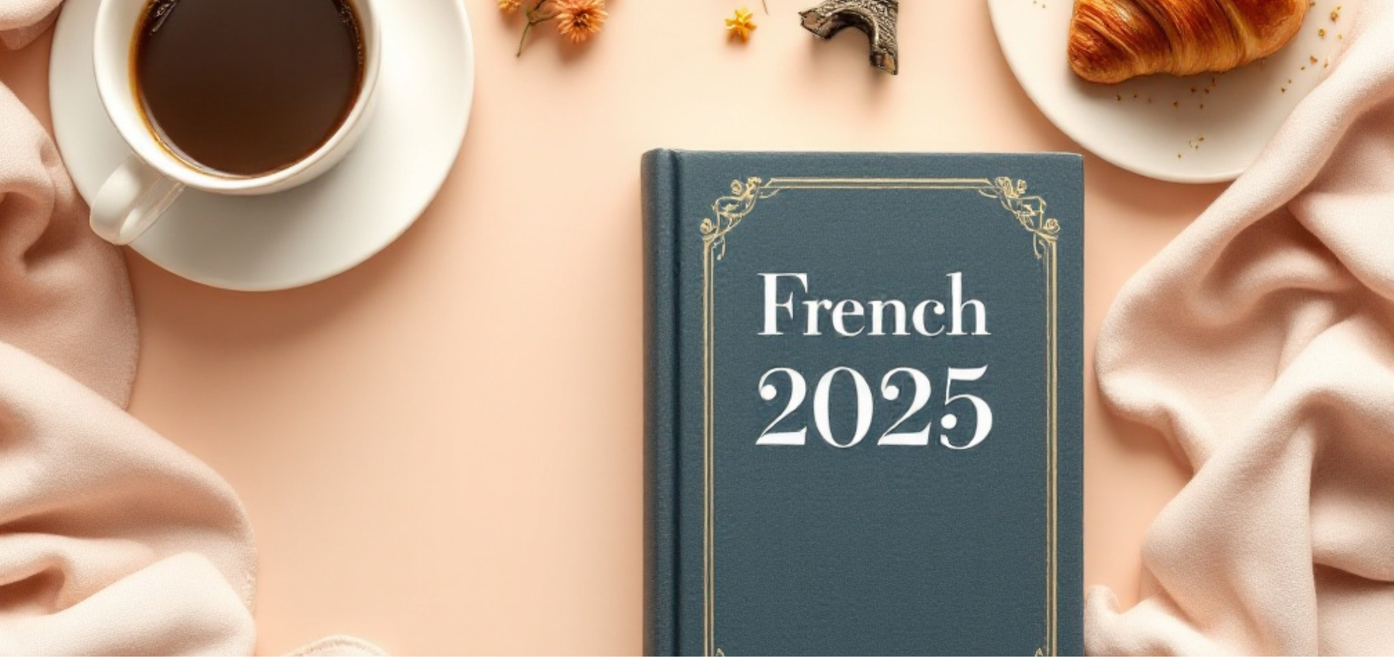 Blue book titled "French 2025" on peach background, with coffee, croissant, cloth, and small decorative items nearby. Cozy and inviting setting.