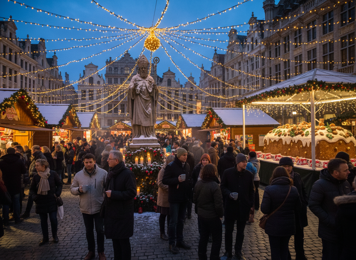 Crowded festive market scene at dusk with people mingling, holding drinks. Light strings overhead, large bread display, ornate St Nicolas statue center.