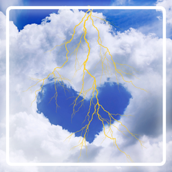 Heart-shaped hole in clouds with yellow lightning against a blue sky. Bright, dramatic scene evokes a sense of wonder.