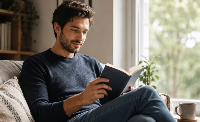 Man in a dark sweater reads a book on a couch by a bright window, with a mug nearby in a cozy living room.