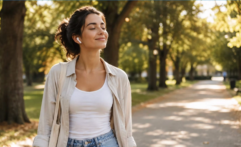 Woman with earbuds smiles with eyes closed on a sunny tree-lined park path, wearing a white top and beige shirt.
