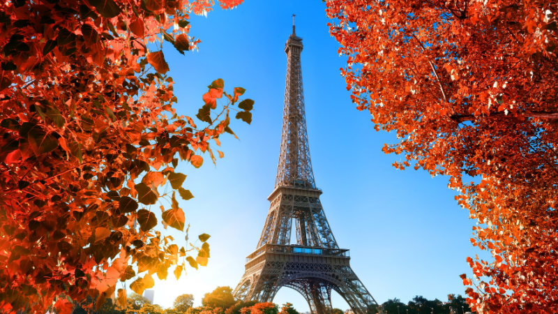 Eiffel Tower framed by vibrant red autumn leaves against a clear blue sky, creating a serene and picturesque scene.