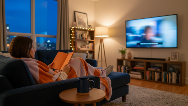 A person reads on a couch, wrapped in a striped blanket. A lit lamp and TV in a cozy living room create a warm atmosphere.