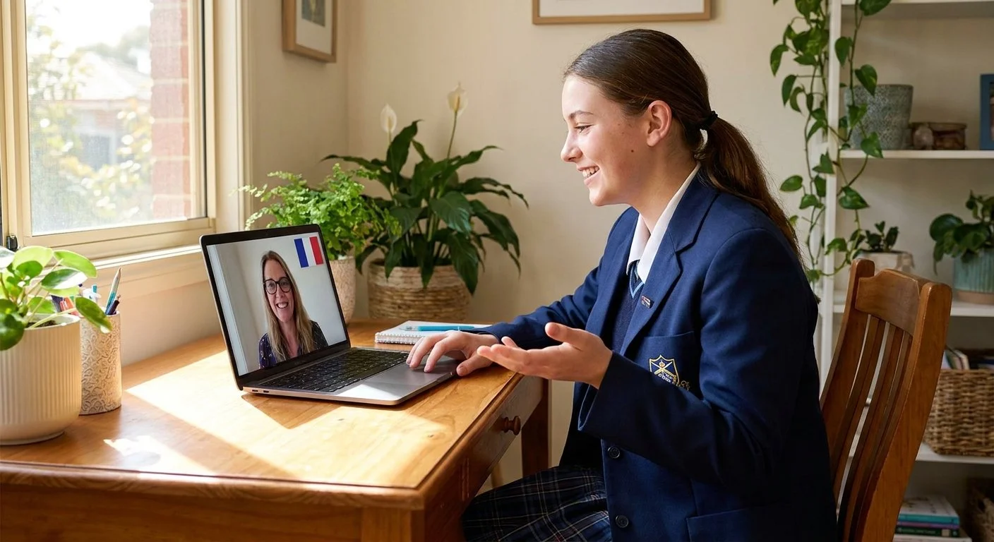 Teenage girl in school uniform smiling and speaking French with a native teacher on a laptop during an online VCE French tutoring session