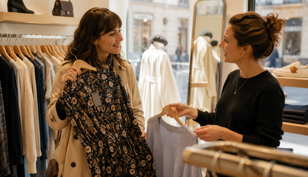 Two women smile while holding dresses in a bright clothing boutique with racks, mirror, and handbags.