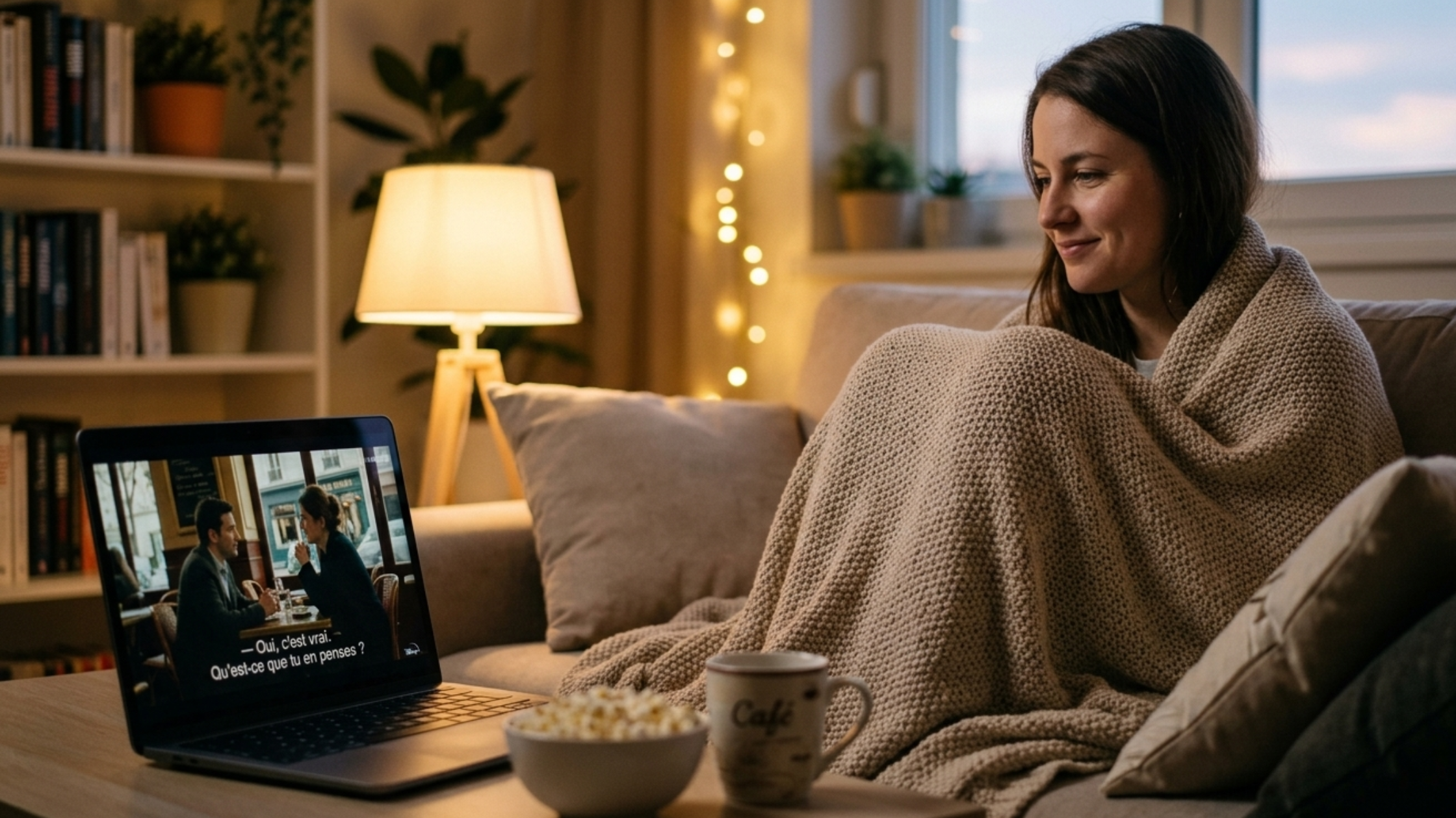 Woman cozy on couch with blanket, watching a movie on laptop. Warm lighting, fairy lights, books, popcorn, and coffee mug in background.