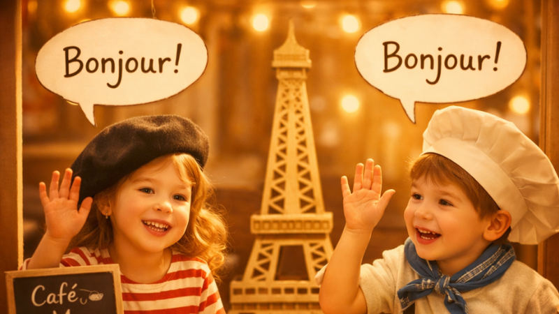 Two children wave and smile, wearing chef and beret hats, with "Bonjour!" speech bubbles. Eiffel Tower backdrop, warm lights, cafe vibe.