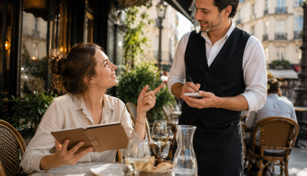 Smiling woman at an outdoor cafe points at a waiter taking notes, with wine, bread, and glassware on a sunlit terrace.