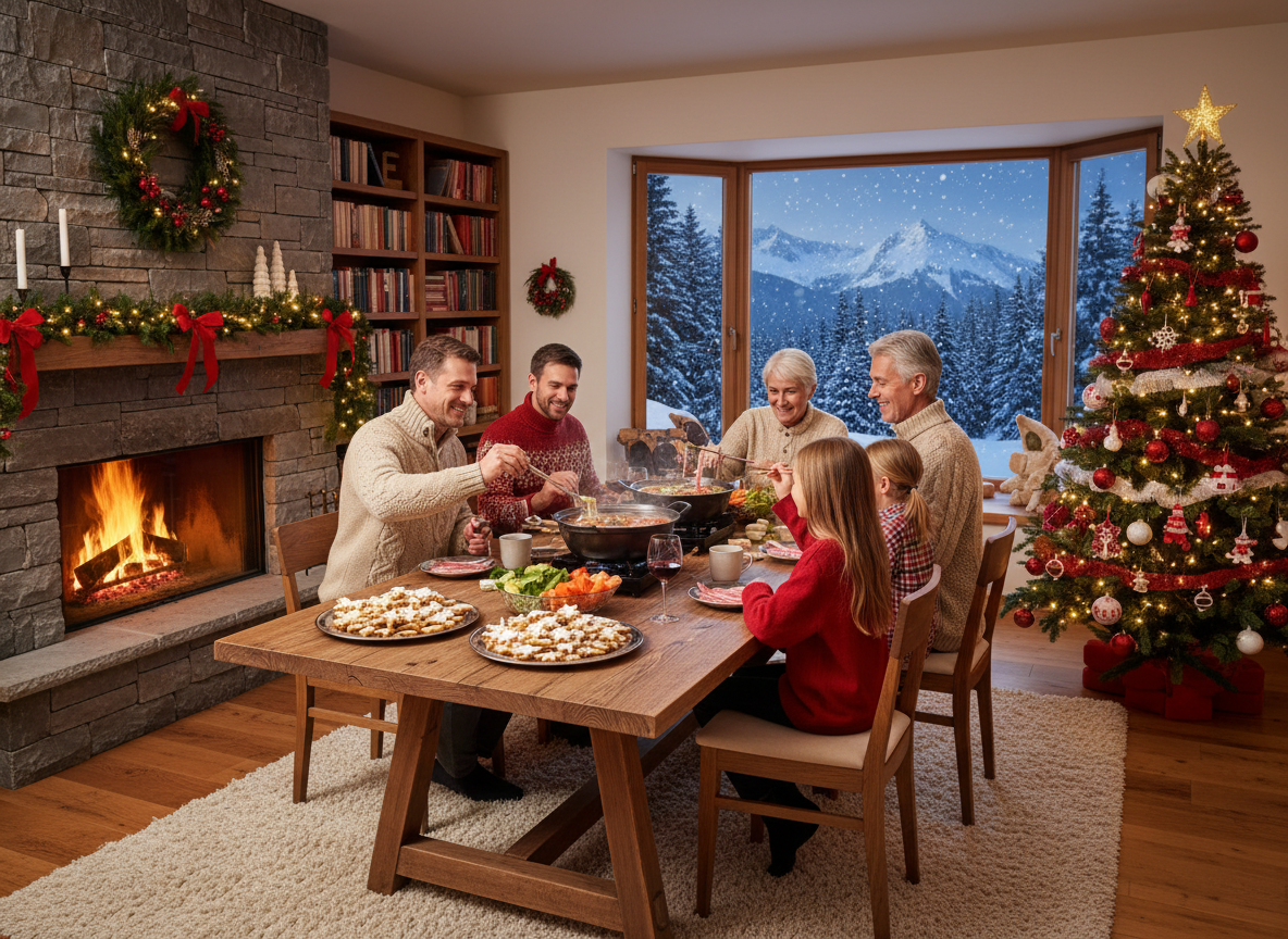Family dining around a festive table by a decorated Christmas tree and fireplace, with a snowy mountain view outside. Cozy and joyful atmosphere.