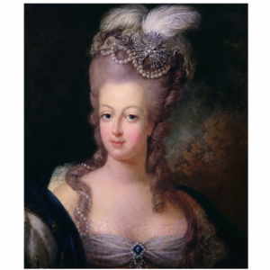 Portrait of Marie Antoinette. A woman in 18th-century attire with elaborate hair, pearls, and feathers. She looks serene against a dark, blurred background.