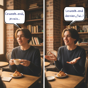 Young person in a cozy cafe, speaking animatedly. Left: holding coffee, "Ce week-end, je vais...". Right: gesturing, "Le week-end dernier, j’ai...!".