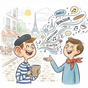 Two cheerful people talk in Paris, near the Eiffel Tower. Words like "PARIS" and "BONJOUR" float around. One holds a notebook, wearing a beret.