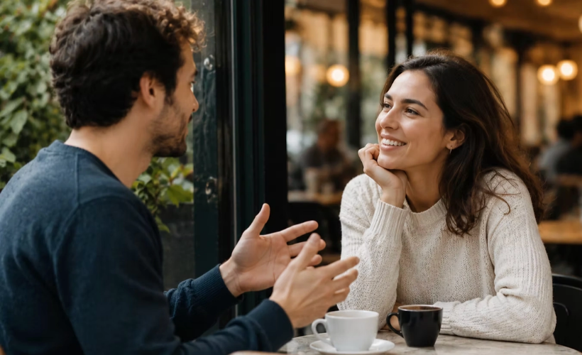 Smiling couple chats at a cozy café table, with coffee cups and warm lights in the background.