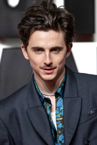 French-American actor Timothée Chalamet at a public event, wearing a dark suit over a colourful patterned shirt.