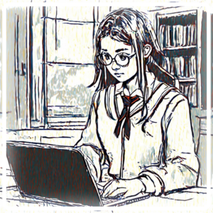 A girl with glasses types on a laptop in a library setting. She wears a school uniform, looking focused. Shelves and window in background.