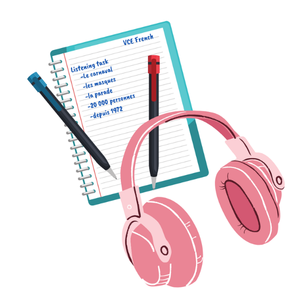 Illustrated graphic of pink headphones and a notebook with VCE French listening task notes in French — tips for the VCE French listening exam