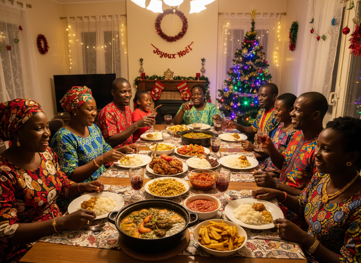 Family in colorful attire enjoys a festive meal around a table with diverse dishes. A decorated tree and "Joyeux Noël" adorn the room.