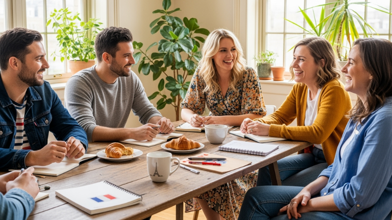 Group of six smiling people sitting at a table with notebooks and croissants, in a bright room with plants and large windows, cheerful mood.