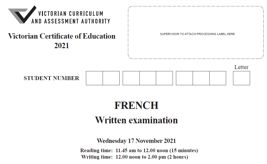 Cover page of the 2021 VCE French Written Examination paper issued by the Victorian Curriculum and Assessment Authority