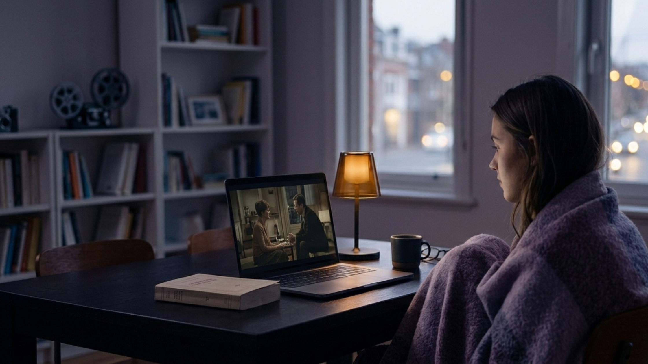 A woman wrapped in a blanket watches a movie on a laptop at a table with a book and lamp. The setting is a cozy, dimly-lit room.