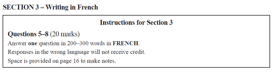 VCE French Written Exam Section 3 — instructions for the writing in French task, requiring one response of 200–300 words, worth 20 marks