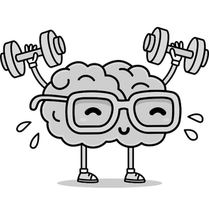 Cartoon brain with glasses lifting dumbbells, sweating and smiling, on a white background. Mood is cheerful and energetic.