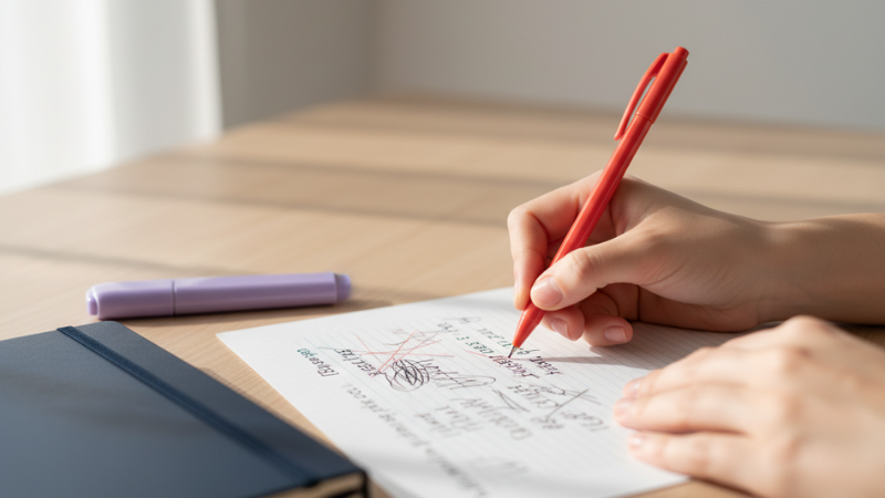 Hand holding red pen, writing on paper with sketches and notes. Purple pen and closed notebook on wooden table, natural light from window.