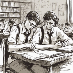 Two high-scjool students waering a school uniform and studying together.
