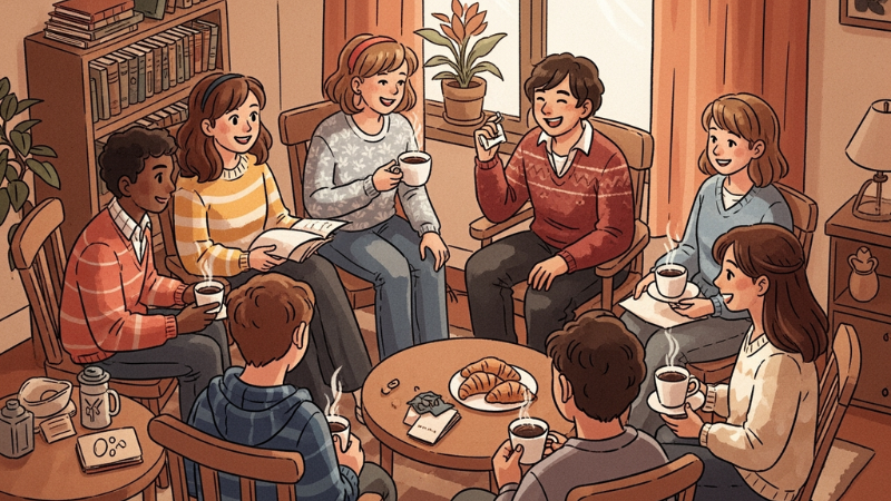 Seven people sit around a table with coffee and pastries, chatting happily in a cozy, warmly-lit room with bookshelves and plants.