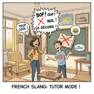 Woman and boy in a living room laugh, using French slang words. Background shows Eiffel Tower decor and a crossed-out book on a board.
