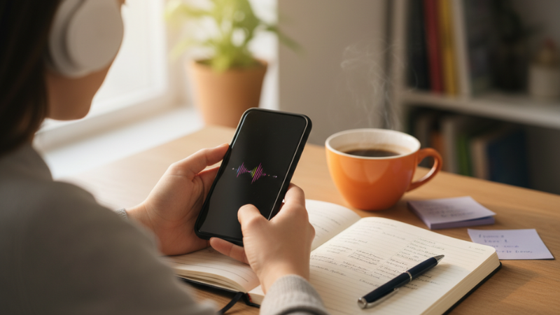 Person with headphones holds a phone displaying sound waves, near a notebook and steaming coffee, in a cozy, bright workspace.