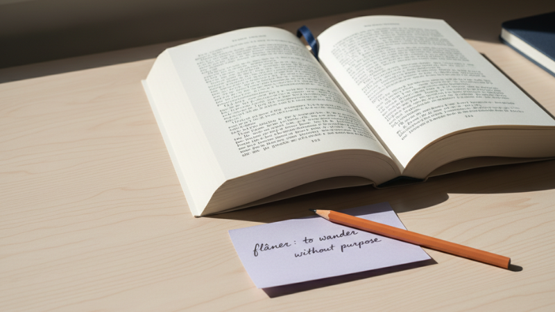 Open book and a pencil on a sunlit wooden desk. A note reads "flâner: to wander without purpose." Calm and studious atmosphere.