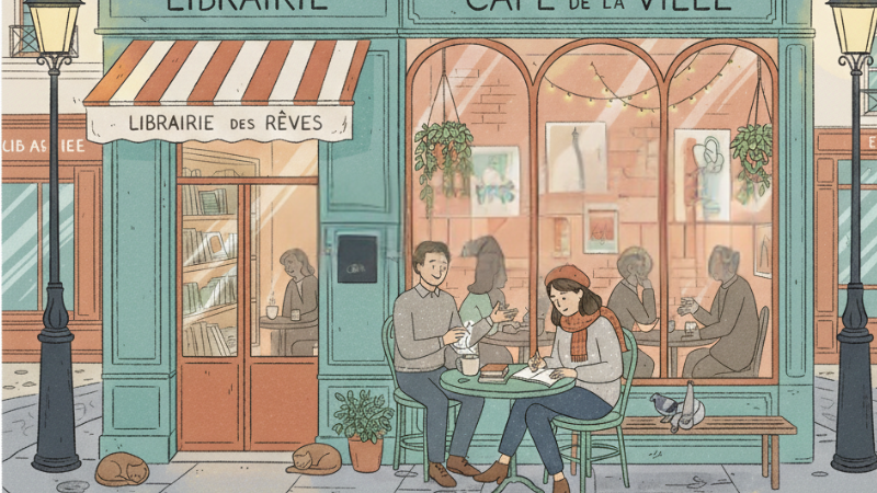 Couple sitting at a café table outside a bookstore, "Librairie des Rêves." They read and drink coffee. Cozy street scene with warm colors.