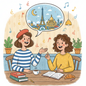 wo women smiling, discussing French language. One in a beret, the other with a notebook. Background shows Eiffel Tower in speech bubble.