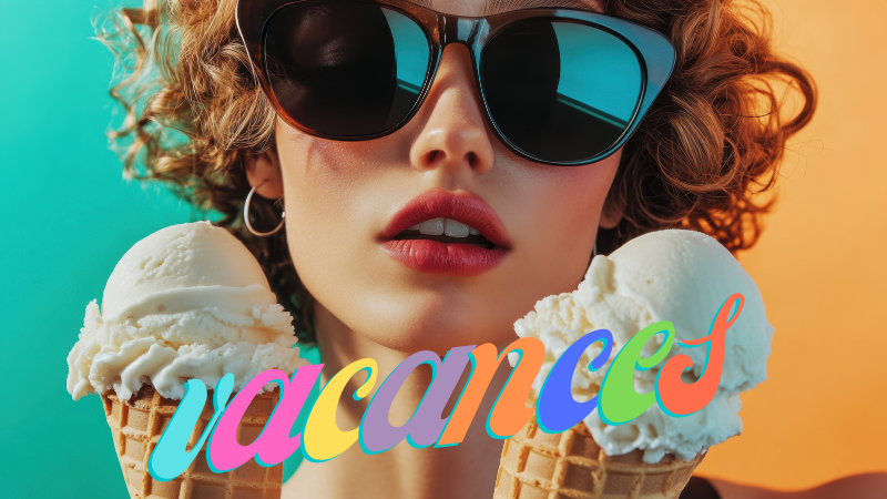 Woman in sunglasses holds two ice creams, set against a colorful blue and orange background. "Vacances" text in rainbow colors overlays the image.