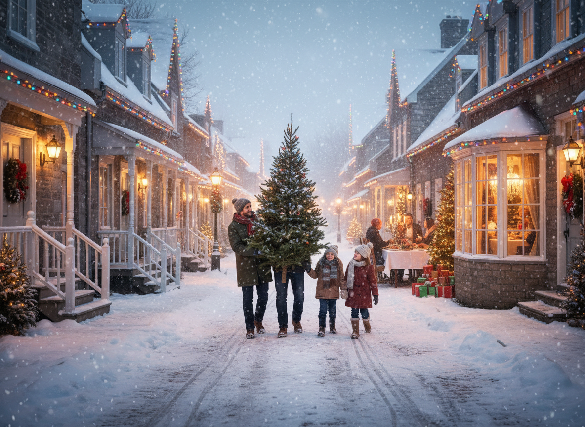 Family carries Christmas tree down snowy, decorated street with lights. Cozy shops line the snowy path. Festive and cheerful mood.