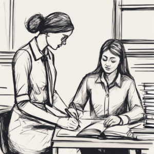 Drawing of a teacher wearing her hair in a bun, helping a student with long hair study for a French exam.