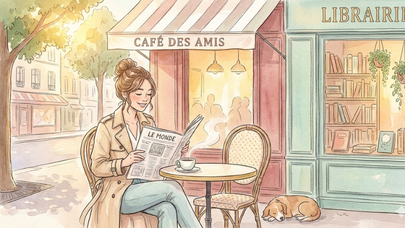 Woman in a trench coat reads "Le Monde" at Café des Amis. A cup of coffee on the table, with a bookshop and sleeping dog nearby. Cozy scene.