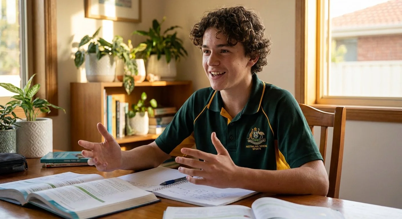 Teenage boy in a school sports polo sitting at a desk, smiling and gesturing as he speaks during an online French tutoring session